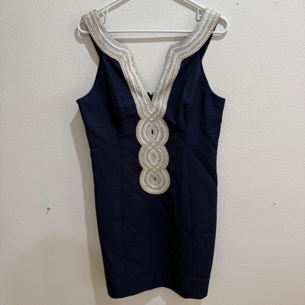 Lilly Pulitzer Valli Shift Dress True Navy Seersucker Gold Soutache Size 10 NEW